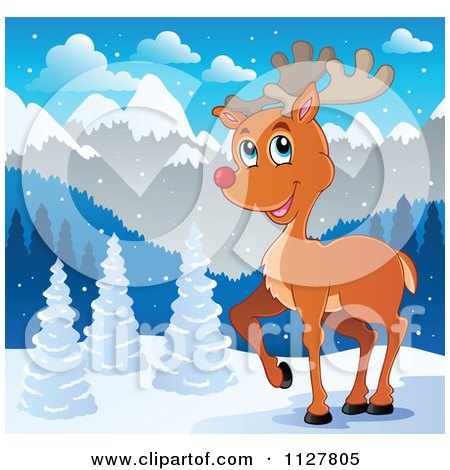 Cartoon Of A Cute Red Nosed Reindeer In The Snow - Royalty Free Vector Clipart by visekart