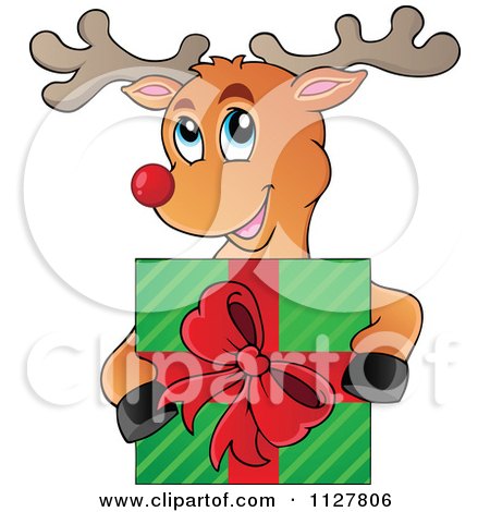 Cartoon Of A Cute Happy Reindeer Holding A Christmas Present - Royalty Free Vector Clipart by visekart