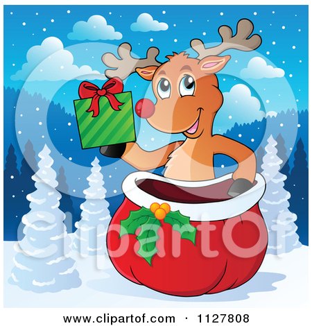 Cartoon Of A Cute Reindeer Holding A Present Over A Sack In The Snow - Royalty Free Vector Clipart by visekart