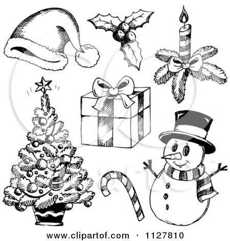 Cartoon Of Sketched Black And White Christmas Items - Royalty Free Vector Clipart by visekart