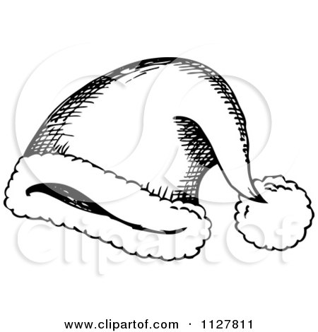 Cartoon Of A Sketched Black And White Santa Hat - Royalty Free Vector Clipart by visekart