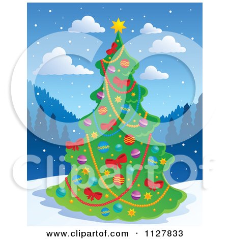 Cartoon Of A Live Christmas Tree In The Mountains - Royalty Free Vector Clipart by visekart