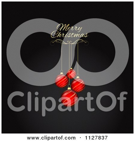 Clipart Of Gold Merry Christmas Text Over 3d Red Baubles On Carbon Fiber - Royalty Free Vector Illustration by KJ Pargeter