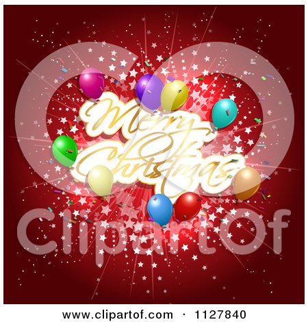Clipart Of A Merry Christmas Greeting With Party Balloons And Stars On Red - Royalty Free Vector Illustration by KJ Pargeter