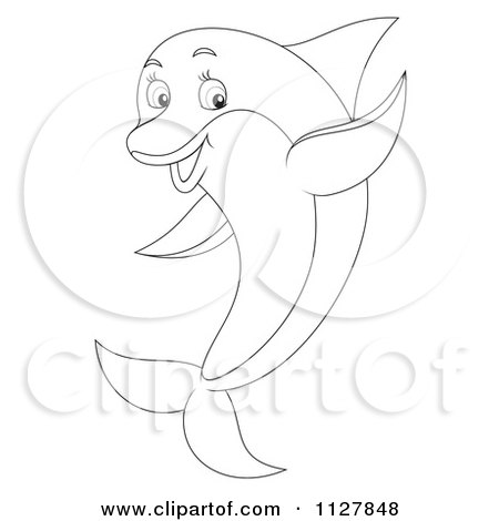 Cartoon Of An Outlined Cute Dolphin Jumping And Waving - Royalty Free Clipart by Alex Bannykh