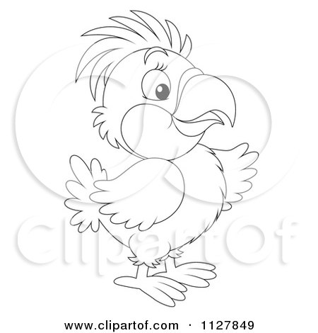 Cartoon Of An Outlined Cute Parrot Pointing - Royalty Free Clipart by Alex Bannykh
