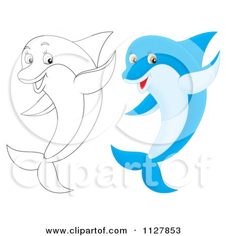 Cartoon Of Outlined And Colored Cute Dolphins Jumping And Waving - Royalty Free Clipart by Alex Bannykh