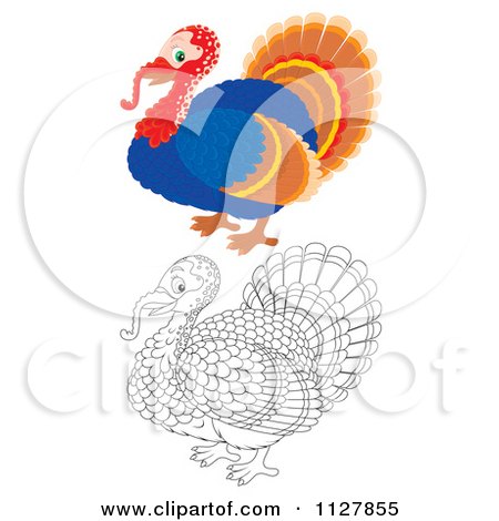 Cartoon Of Outlined And Colored Cute Thanksgiving Turkey Birds - Royalty Free Clipart by Alex Bannykh