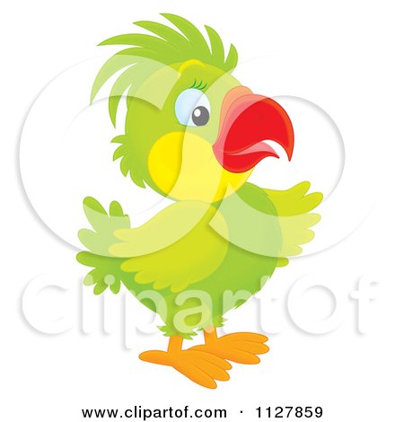 Cartoon Of A Cute Green Parrot Pointing - Royalty Free Clipart by Alex Bannykh