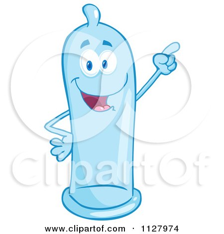 Cartoon Of A Blue Latex Condom Mascot Pointing - Royalty Free Vector Clipart by Hit Toon