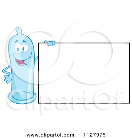 Cartoon Of A Blue Latex Condom Mascot Holding A Sign 1 - Royalty Free Vector Clipart by Hit Toon