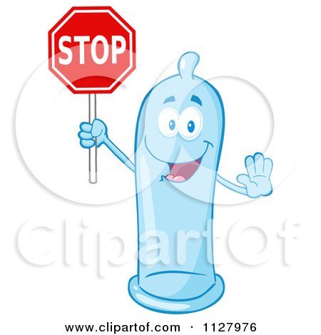 Cartoon Of A Blue Latex Condom Mascot Holding A Stop Sign - Royalty Free Vector Clipart by Hit Toon