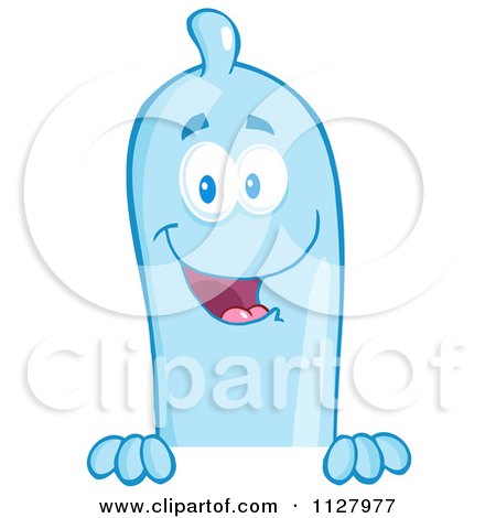 Cartoon Of A Blue Latex Condom Mascot Over A Sign - Royalty Free Vector Clipart by Hit Toon