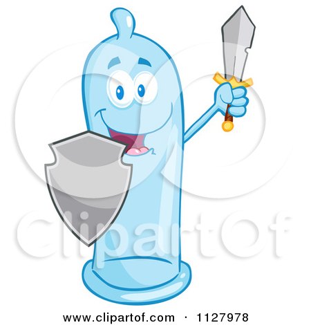 Cartoon Of A Blue Latex Condom Mascot Protecting With A Shield And Sword - Royalty Free Vector Clipart by Hit Toon