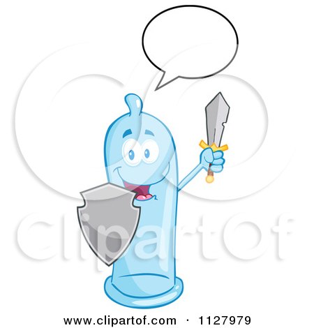 Cartoon Of A Talking Blue Latex Condom Mascot With A Shield And Sword - Royalty Free Vector Clipart by Hit Toon