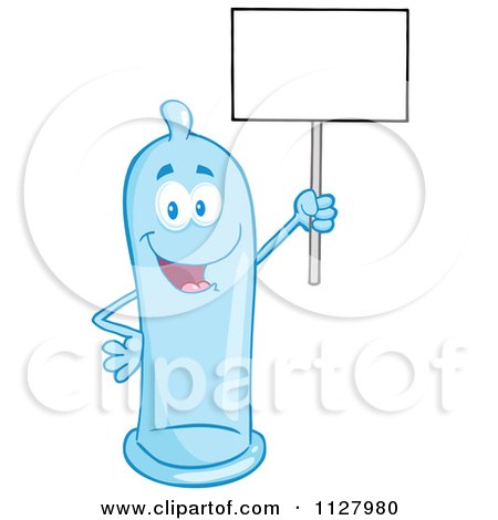 Cartoon Of A Blue Latex Condom Mascot Holding A Sign 2 - Royalty Free Vector Clipart by Hit Toon