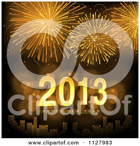 Clipart Of Golden Fireworks Over A City With Happy New Year 2013 Text - Royalty Free Vector Illustration by dero