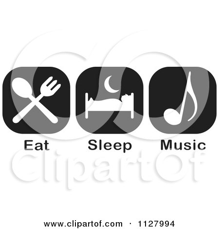 Clipart Of Black And White Eat Sleep Music Icons - Royalty Free Vector Illustration by Johnny Sajem