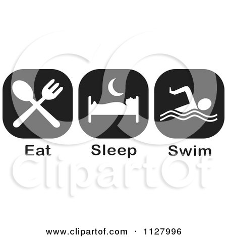 Clipart Of Black And White Eat Sleep Swim Icons - Royalty Free Vector Illustration by Johnny Sajem