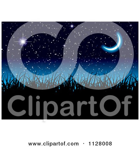 Clipart Of Silhouetted Grass Under A Black And Blue Night Sky With A Crescent Moon - Royalty Free Vector Illustration by michaeltravers