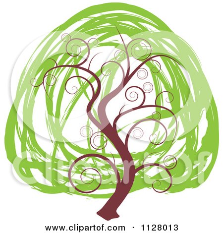 Clipart Of A Swirly Tree With Scribble Green Foliage - Royalty Free Vector Illustration by michaeltravers
