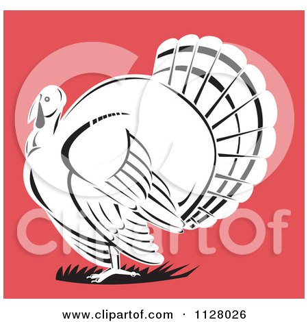 Clipart Of A Black And White Thanksgiving Turkey Bird On Red - Royalty Free Vector Illustration by patrimonio