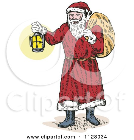 Cartoon Of A Christmas Santa Claus Holding Out A Lantern And Carrying A Bag - Royalty Free Vector Clipart by patrimonio