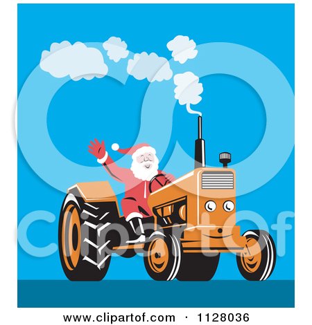 Cartoon Of A Christmas Santa Claus Waving And Operating A Tractor - Royalty Free Vector Clipart by patrimonio
