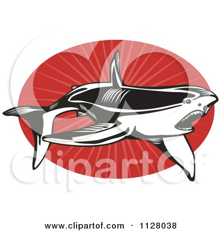 Clipart Of A Black And White Shark Over Red Rays On An Oval - Royalty Free Vector Illustration by patrimonio