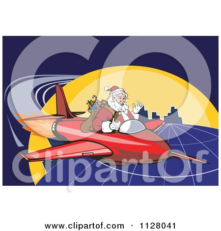 Cartoon Of A Christmas Santa Claus Flying A Jet Around The Globe - Royalty Free Vector Clipart by patrimonio