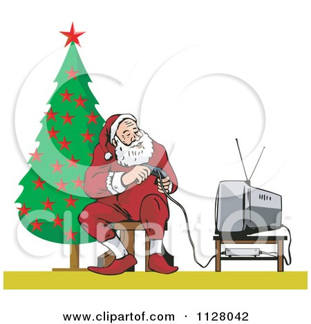Cartoon Of A Christmas Santa Claus Playing A Video Game - Royalty Free Vector Clipart by patrimonio