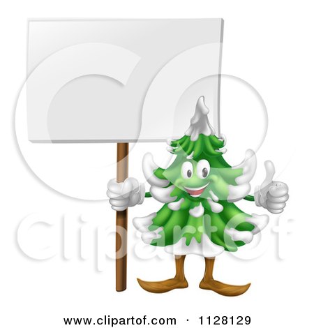 Cartoon Of A Happy Christmas Or Evergreen Tree Mascot Holding A Sign And Thumb Up - Royalty Free Vector Clipart by AtStockIllustration