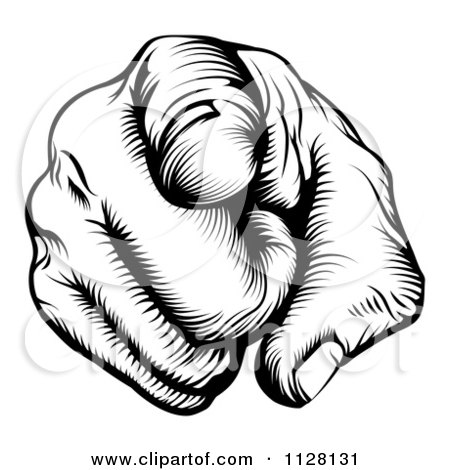 Clipart Of A Black And White Woodcut Outward Pointing Hand - Royalty Free Vector Illustration by AtStockIllustration