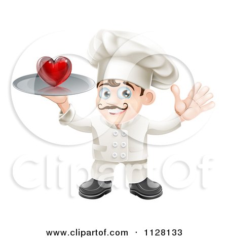Clipart Of A Happy Chef Waving And Holding A Chef On A Platter - Royalty Free Vector Illustration by AtStockIllustration