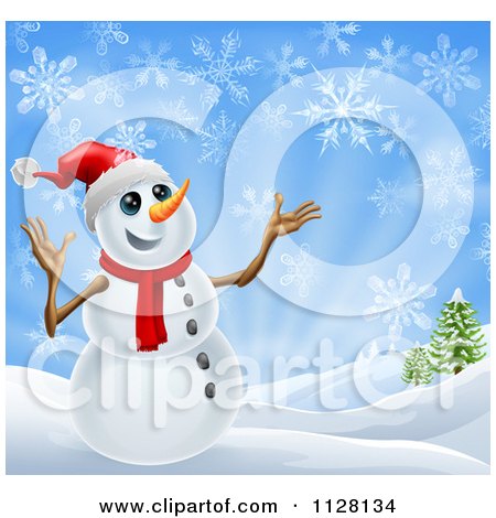 Cartoon Of A Cheerful Snowman In A Scarf And Top Hat In A Winter Landscape - Royalty Free Vector Clipart by AtStockIllustration