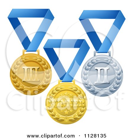 Clipart Of A Gold Silver And Bronze Placement Award Medals On Blue Ribbons - Royalty Free Vector Illustration by AtStockIllustration