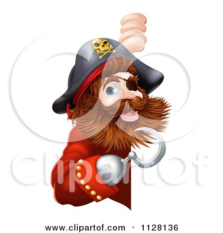 Cartoon Of A Friendly Pirate Captain Pointing At A Sign With A Hook - Royalty Free Vector Clipart by AtStockIllustration