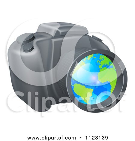 Cartoon Of A Camera With A Globe In The Lens - Royalty Free Vector Clipart by AtStockIllustration