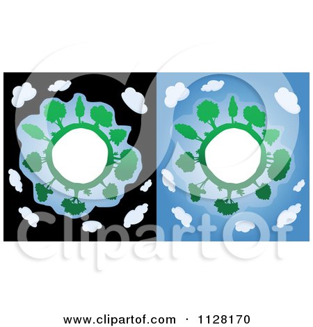 Clipart Of Tree Globe Frames Over Black And Blue With Clouds - Royalty Free Vector Illustration by Vector Tradition SM