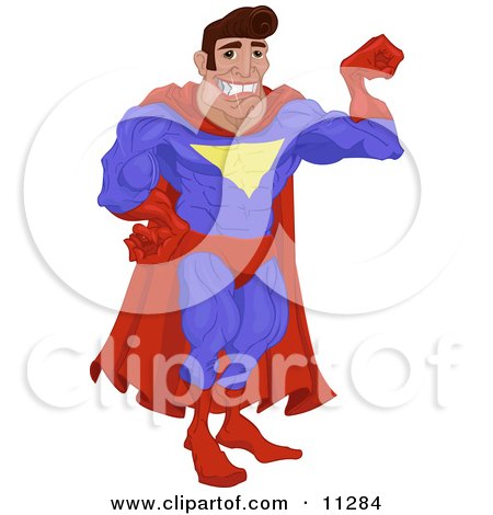 Man in a Red and Blue Super Hero Costume, Smiling and Flexing His Arm Muscle Clipart Illustration by AtStockIllustration