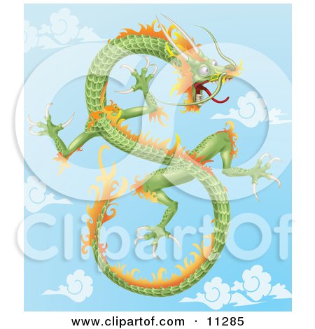 Green and Orange Chinese Dragon Flying in the Sky Clipart Illustration by AtStockIllustration