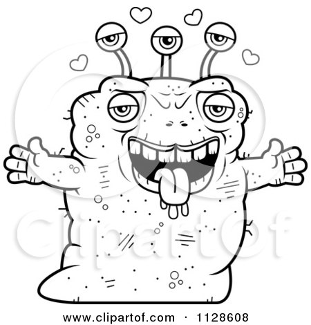 Cartoon Clipart Of An Ugly Alien With Open Arms - Black And White Vector Coloring Page by Cory Thoman