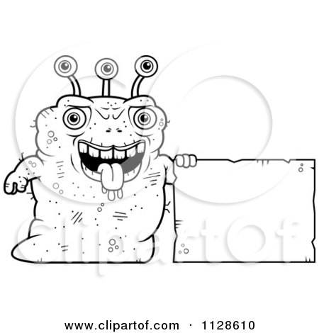 Cartoon Clipart Of An Ugly Alien With A Sign - Black And White Vector Coloring Page by Cory Thoman