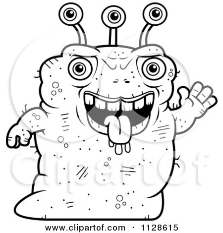 Cartoon Clipart Of An Ugly Alien Waving - Black And White Vector Coloring Page by Cory Thoman