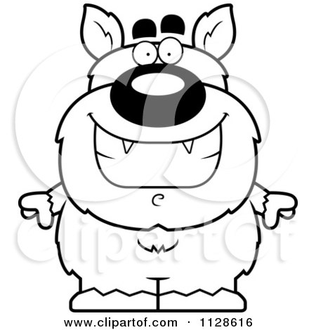 Cartoon Clipart Of An Outlined Happy Pudgy Werewolf - Black And White Vector Coloring Page by Cory Thoman