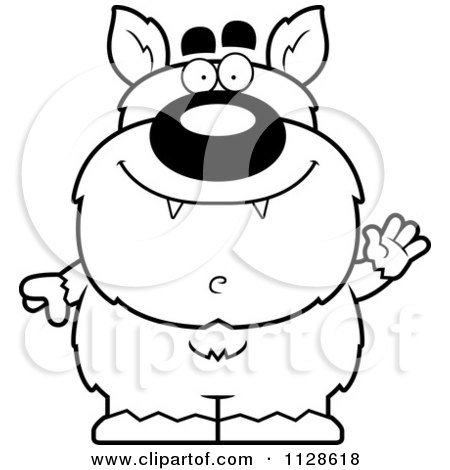 Cartoon Clipart Of An Outlined Waving Pudgy Werewolf - Black And White Vector Coloring Page by Cory Thoman