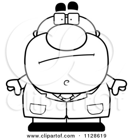 Cartoon Clipart Of An Outlined Skeptical Pudgy Male Scientist - Black And White Vector Coloring Page by Cory Thoman