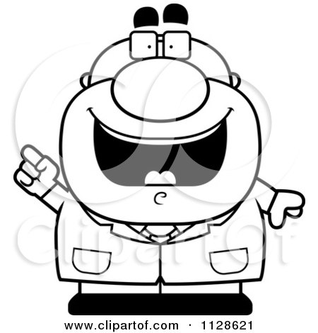 Cartoon Clipart Of An Outlined Pudgy Male Scientist With An Idea - Black And White Vector Coloring Page by Cory Thoman