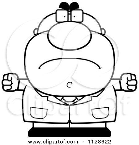 Cartoon Clipart Of An Outlined Angry Pudgy Male Scientist - Black And White Vector Coloring Page by Cory Thoman