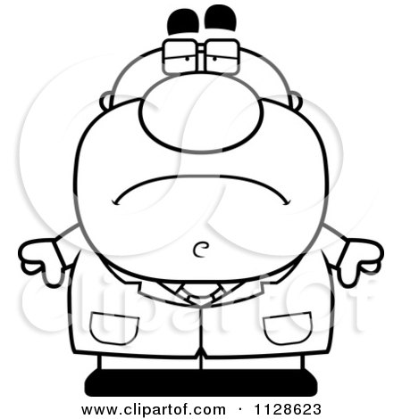 Cartoon Clipart Of An Outlined Depressed Pudgy Male Scientist - Black And White Vector Coloring Page by Cory Thoman